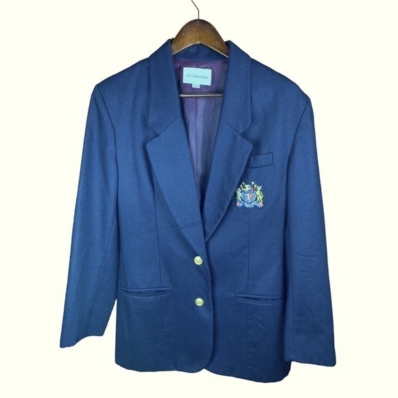 Vintage J H Collectables Navy Boyfriend 2 Button Blazer w/ Crest Ladies Size 10 - Picture 1 of 12
